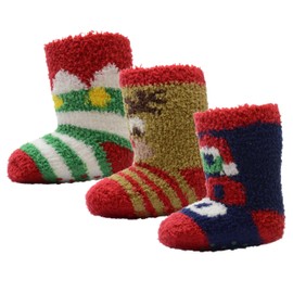 Thingimijigs 3 Pack Baby Christmas Gripper Socks Cosy Supersoft Fluffy Xmas Patterned Non-Slip Pram Socks - UK 3-5.5