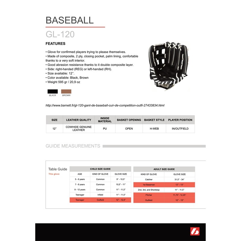 GL-120 RH competition leather baseball glove, outfield size 12, black