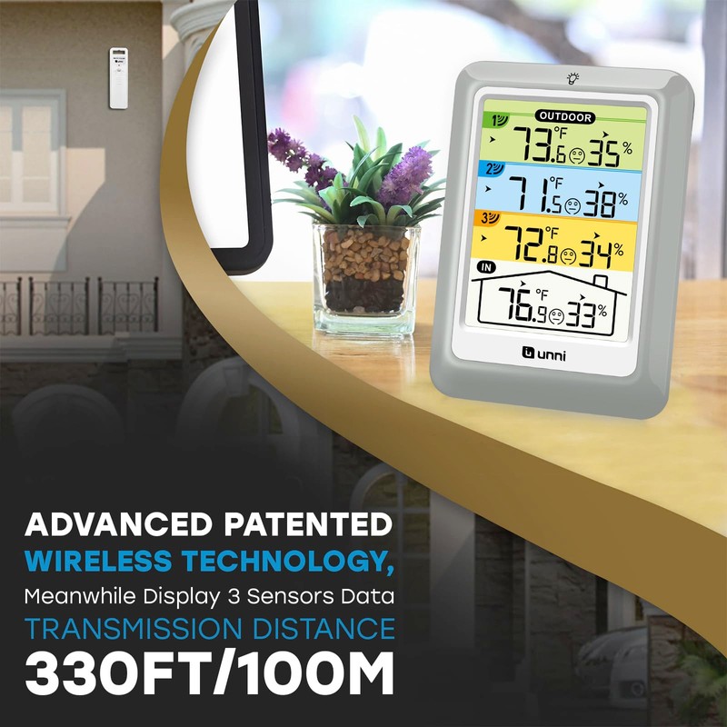 Indoor Outdoor Thermometer Wireless with 3 Sensors, 4.5 Inch Display