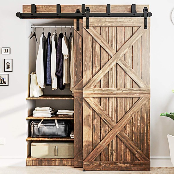 WINSOON Sliding Double Track Bypass Barn Door Hardware，U-Shape Bracket Low