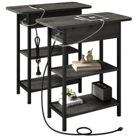 LIDYUK End Table with Charging Station, Flip Top Narrow Side Table for Small Spaces, Nightstands Set of 2 for Bedroom, End Tables Living Room Set of 2 with Storage Shelf, Dark Grey