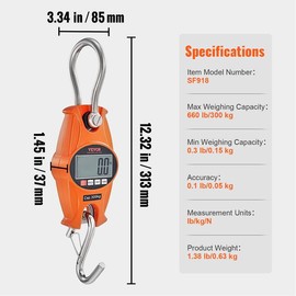 VEVOR Digital Crane Scale, 660 lbs/300 kg, Industrial Heavy Duty Hanging Scale with Cast Aluminum Case & LCD Screen, Handheld Mini Crane with Hooks for Farm, Hunting, Fishing, Outdoor, Garage (Orange) - Maximum Weight: 660 lbs/300 kg