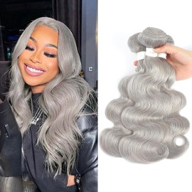 Afannany Bundles Human Hair 26 28 30 Inch Sliver Grey Body Wave Human Hair Bundles Unprocessed Brazilian Quick Weave Remy Hair for Black Women