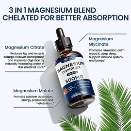 Triple Magnesium Complex Supplement-Magnesium Glycinate, Citrate, Malate Liquid Drops 500mg with Ashwagandha, L-Theanine, Vitamin B6 for Stress Relief