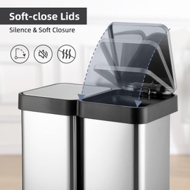 16 Gallon Dual Trash and Recycling Bin, 60L(2x30L) Fingerprint Proof Stainless Steel Kitchen Garbage Can with Double Lid, Hands-Free Step Rubbish Bin without Inner Bucket for Kitchen Home Office