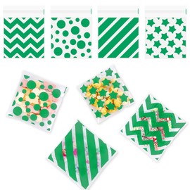 Green Cellophane Treat Bags, 100Pcs Cookie Bags with Seal, Plastic Polka Dot Stripes Self Sealing Cookie Candy Gift Goodie Snack Bag for Birthday Christmas Wedding Party Favor Supplies, 3.9 X 4.7 Inch