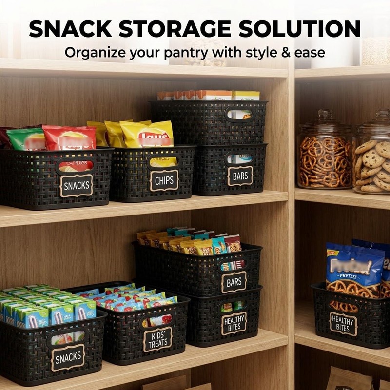 8 Pack Black Storage Baskets, Plastic Woven Organizer Baskets, Stackable