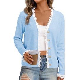 Cicy Bell Womens Lace V Neck Cardigan Sweaters Button Down Long Sleeve Knit Tops Fall Trendy Lightweight Open Front Sweater Blue