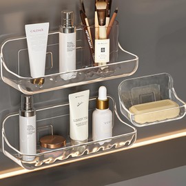 Halyuhn Adhesive Bathroom Shelves 6Pcs, Acrylic Shelf for Shower Organize and Storage, Clear Bathroom Shower Caddy Organizer, No Drilling Wall Mounted Adhesive Shelf for Home Office Wall Storage