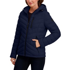 Nautica Women's Stretch Packable Puffer Jacket – Water-Resistant Midweight Coat Attached Hood, Navy Seas, Medium