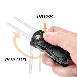 FINGER TEN Golf Divot Repair Tool Switchblade with Ball Marker Value Pack, Stainless Steel Pitchfork with Pop-up Button Magnetic Marker Foldable Portable Gifts (Black Cat-1 Pack)