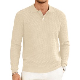 Hardaddy Men's Knit Polo Shirts Long Sleeve Button Up Pullover Sweater Textured Casual Collared Tops Apricot S