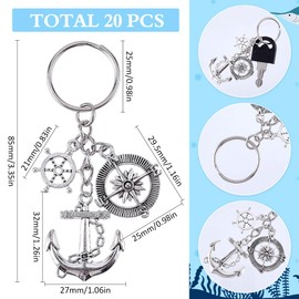 SUNNYCLUE 1 Box 20Pcs Nautical Keychain Bulk Anchor Keychains Bulk Antique Silver Alloy Ocean Themed Ship Wheel Keychain for Party Favor Wedding Favors Handbag Christmas Decorations Gifts Women Adults
