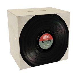 Wooden Money Box in Retro Vinyl Record Design RocknRoll Style Beautiful Piggy Bank as a Gift Idea for a Music Fan of the 70s and 80s Money Box Save Record