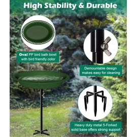 Mokeyder 29 Inch Height Detachable Bird Bath with Metal Stake Stand, Oval Shape Birdbath Bowl Spa & Birdfeeder with 5-Prong Base for Outdoor Garden, Green