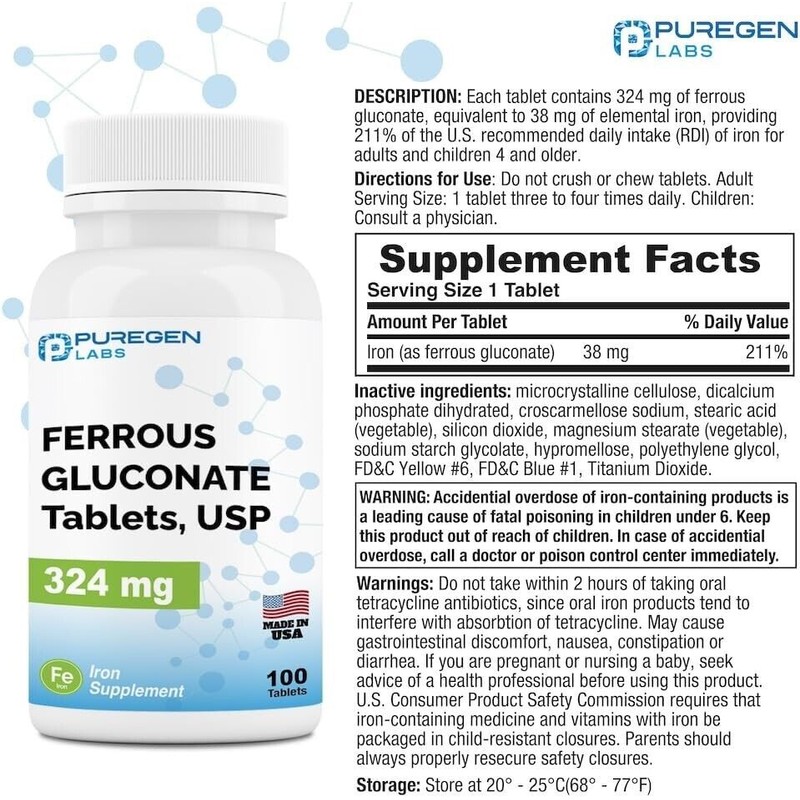 Puregen Labs Ferrous Gluconate 324 mg [High Potency] Iron Supplement