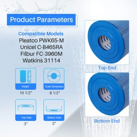 POOLPURE Antimicrobial PLFC-8465-M Spa Filter Replaces Watkins 31114, Compatible Unicel C-8465RA, Pleatco PWK65-M, Filbur FC-3960M, 71827, 71828, 65 sq. ft Hot Spring Spa Filter (1pack)