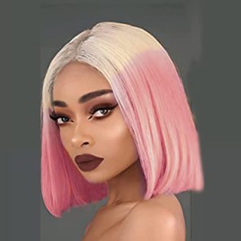 Pink Blonde Short Wigs for Black Women Rainbow Bob Lace Front Wig Handmade Lace Frontal Pastel Real hair Wigs Glueless Synthetic Heat Resistant Cosplay Makeup Daily Afro Ladies Drag Anime 14 Inch