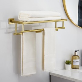 RTCUL Bathroom Towel Rack 24 Inch Tower Holder with Double Towel Bar Brushed Gold Towel Rack Wall Mounted SUS304 Stainless Steel Hotel Towel Shelf Modern Towel Hanger