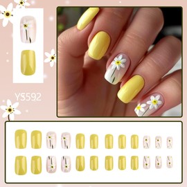 Medium Square Press on Nails White Daisy Flower Fake Nails Glossy Yellow Summer Artificial Nails Full Cover Glue on Nails Cute Floral Stick on Nails for Women Manicure Nail Art Decorations 24Pcs