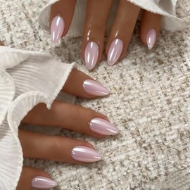 Uñas postizas cortas de almendra color rosa empolvado cromado, uñas postizas de gel esmaltadas con pegamento para bodas y uso diario en mujeres, uñas 