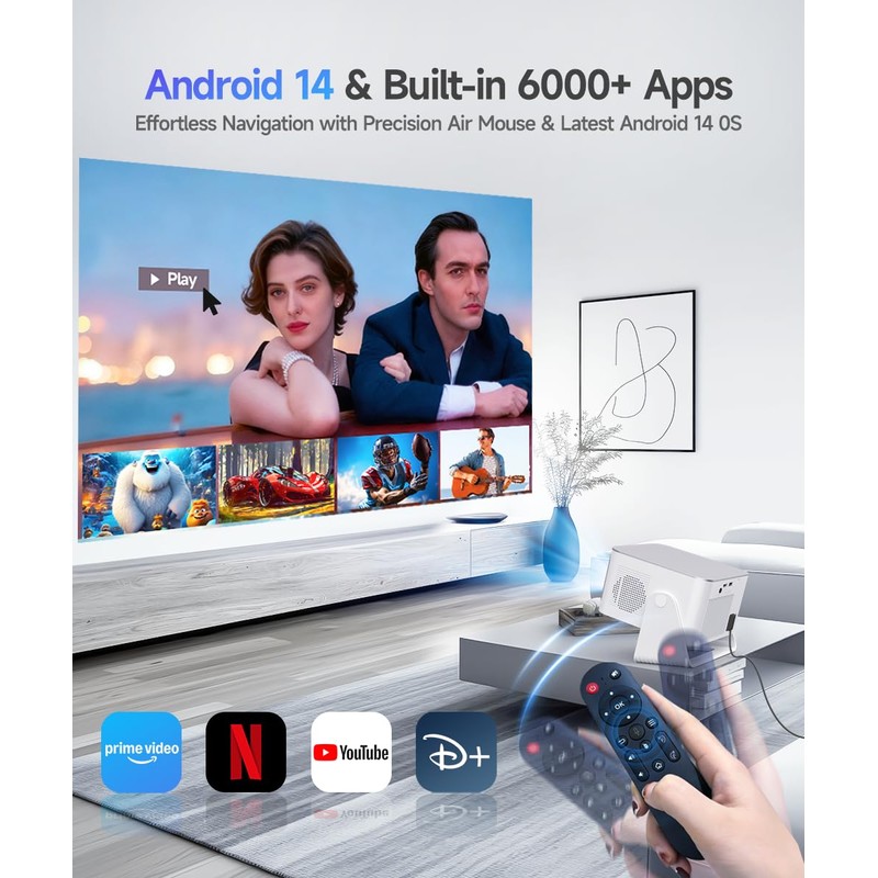 Smart Projector with 4K 8K Support, Android 14 Mini Projector