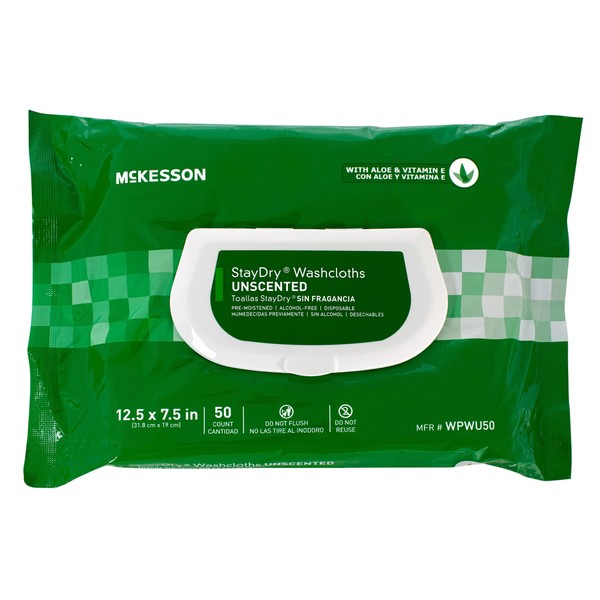 McKesson StayDry Washcloths, Disposable - for All-Over Body Use, Pre-Moistened with Aloe and Vitamin E - Unscented, 7 1/2 in x 12 1/2 in, 50 Wipes, 6 Packs, 300 Total