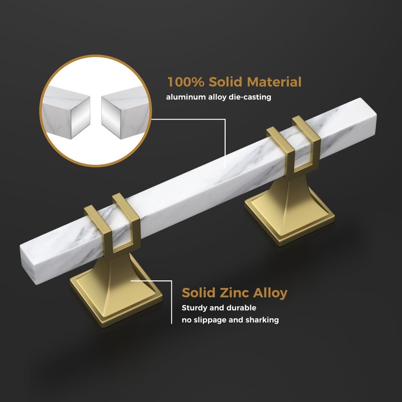 Lepatape 10 Pack 5 Inch White Marble Cabinet Pulls, Gold