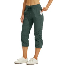 WILLIT Women's Woven Capris Hiking Travel Pants Striped Workout Drawstring Pants with Pockets Lightweight Quick Dry Forest Green M