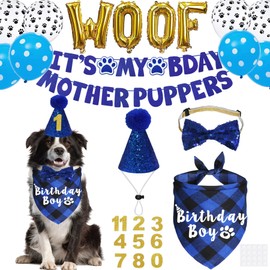 JOTFA Dog Birthday Decorations, Multi Sizes Dog Birthday Bandana Boy Dog Birthday Hat Numbers Bow Tie It’s My Bday Mother Puppers Sign Banner WOOF Balloons for Medium Large Dogs (Blue, Large)
