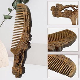 Handmade Natural Sandalwood Hair Combs Anti-Static Sandalwood Scent Natural Hair Wooden Comb with Storage Bag Portable Travel for Massaging Scalp Women (Green Sandalwood Flower)