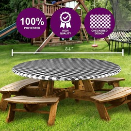 Sorfey Round Tablecloth -Fitted with Elastic, Vinyl with Flannel Back, Fits for Table 54 Inches Round,Water Proof, Easy to Clean, Checked Black Design