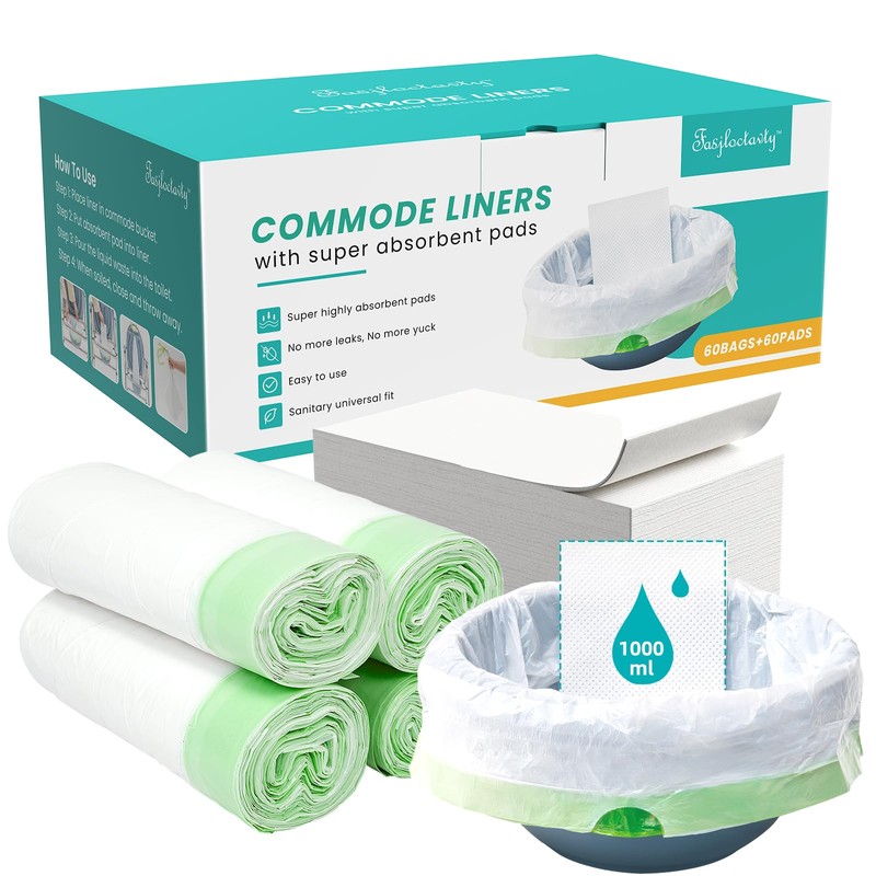 60 Pack Commode Liners with 60 Super Absorbent Pads, Disposable