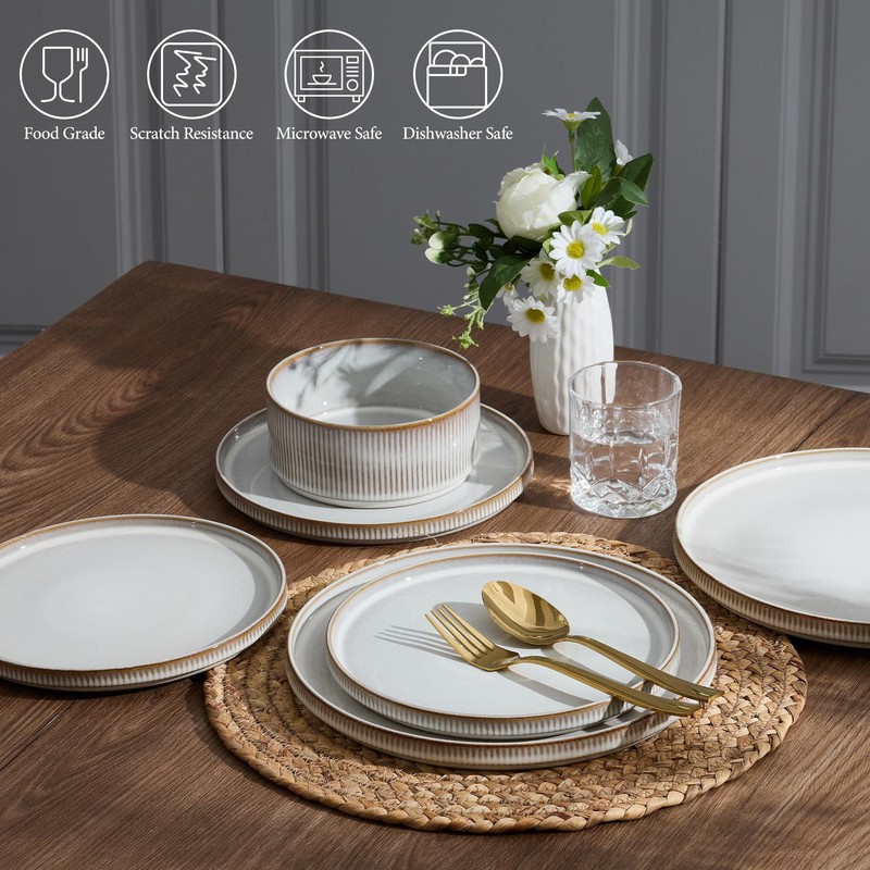 E-far Stoneware Dinnerware Sets, 18-Pieces Modern Plates and Bowls Sets,
