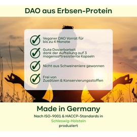 120 DAO capsules - 1,000,000 HDU per day - perfect dosage with 333,333 HDU per capsule (1 to 3 capsules/day) - 100% DAO vegan - DAO enzyme from peas - not from pig kidney - plantomol®