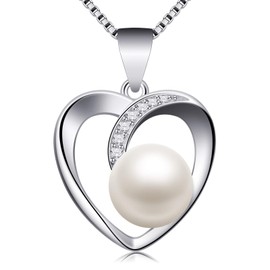 Jewlldeen Necklace for Women, 925 Sterling Silver Pearl Pendant, Love Heart Jewelry, Gift for Women,Wife,Mom,Her,18"
