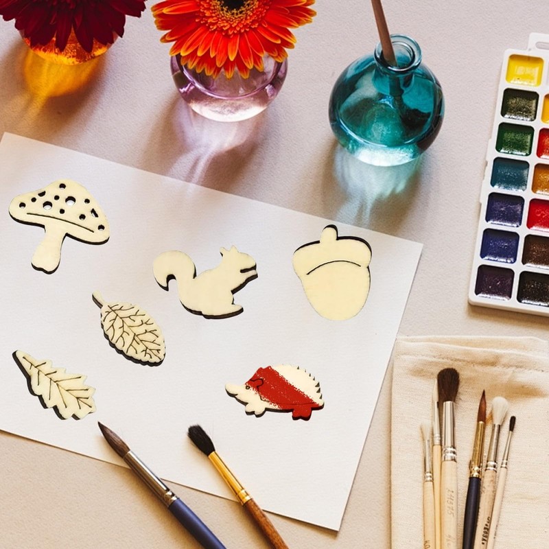 100 PCS Wooden Craft Shapes,Autumn Wooden Mushrooms, Tree Embellishment