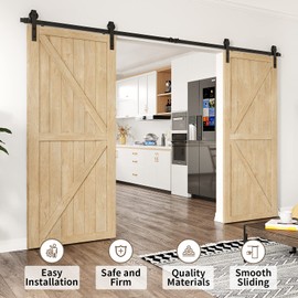 HomLxclx 12ft Heavy Duty Sturdy Sliding Barn Door Hardware Kit Double Door Whole Set Include 1 x Barn Door Rail Set, 2 x Barn Door Handle - Fit 1 3/8-1 3/4" Thickness Door Panel(Black)