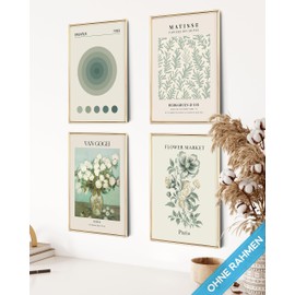 mojoliving Modern Pictures Flower Poster Set Pictures Green Bedroom Matisse Poster Set Flower Market Wall Decoration Green 4 x A4 without Frame