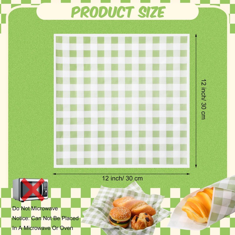 100 Pcs Green Checkered Wax Paper Sheets for Food Wrapping