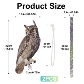 OffiCreative 2 Pack Reflective Fake Owl Decoy, Brown Feathered, Double-Sided Light Reflective Design with Sound, Scares Birds, Pigeons, Crows, 5.16" x 12.2" x 30.4cm, Plastic, Freestanding, Wipe Clean