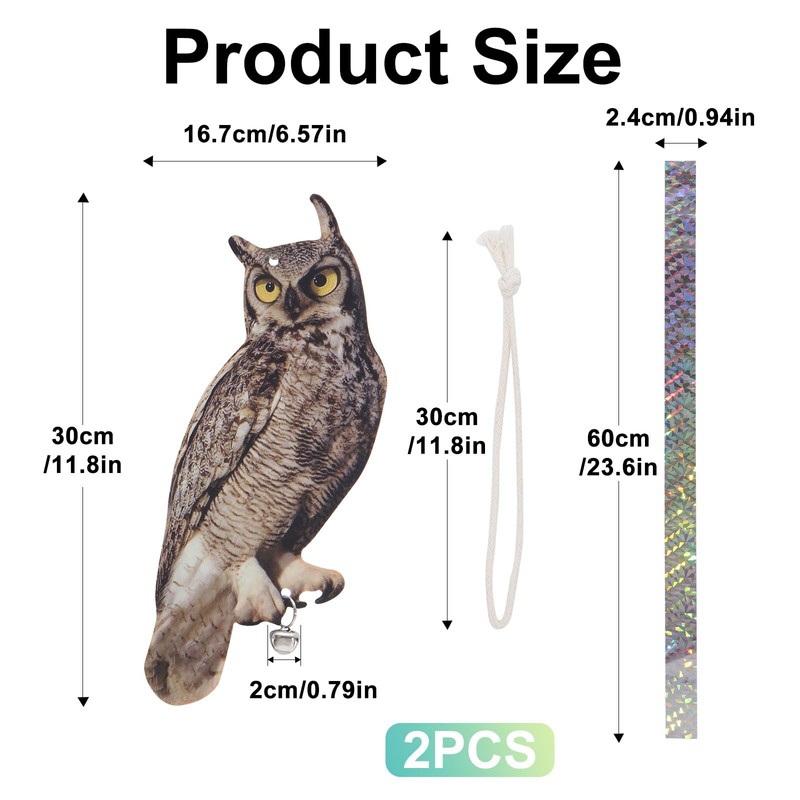 OffiCreative 2 Pack Reflective Fake Owl Decoy, Brown Feathered, Double-Sided
