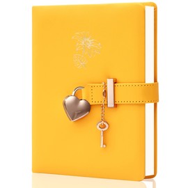 CAGIE Diary with Lock and Key for Girls Heart Shaped Lock Diary for Women PU Leather Kids Journal Secret Notebook with Lock for Travel Cute Diary for Gifts, 5.3 x 7 inches, Yellow