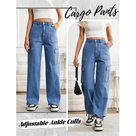 Eddoyee Cargo Jeans Women Stretch High Waisted 6 Pockets Straight Wide Leg Casual Denim Baggy Pants Drawstring Ankle Cuffs(Blue Jeans, Medium)