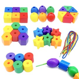 Toddler Toys - Big Lacing Beads Set for Fine Motor Skills & Hand-Eye Coordination Baby Toys - 36 Beads & 6 Strings - Color Sorting & Counting Educational Learning Toy Montessori Toys