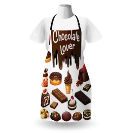 Lunarable Retro Apron, Chocolate Lover Theme Sweets Creamy Cakes Deserts Pattern Ice Cream Retro Design, Unisex Kitchen Bib with Adjustable Neck for Cooking Gardening, Adult Size, White Brown