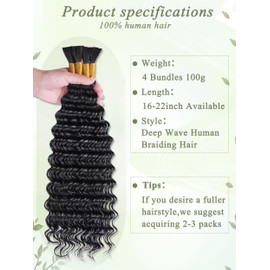 KULYMUWIG Human Braiding Hair for Boho Braids 18 Inch 100 g 4 Bundles Deep Wave Bulk Human Hair for Braiding No Weft 10A Curly Human Hair Extensions for Braids Wet and Wavy Braid