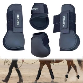 Horse Boots Set of 4 Open Front & Fetlock Tendon Boot for Horses Professional Sport Protection Impact-Absorbing Equine Leg Support Wraps for Jumping, Riding, Training (Black, Full)