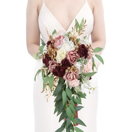 INSUNSIX 9 Inch Artificial Wedding Bouquets for Bride Bridal Bouquet Bridesmaid Bouquet Tossing Bouquet for Wedding Ceremony Anniversary Bridal Shower(Marsala & Blush)