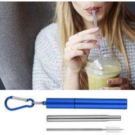 Kit De Popote Retráctil De Acero Inoxidable, Portátil Y Reutilizable Con Estuche De Viaje Y Cepillo Limpiador Para Agua, Café, Jugo, Té Y Cóctel (02)